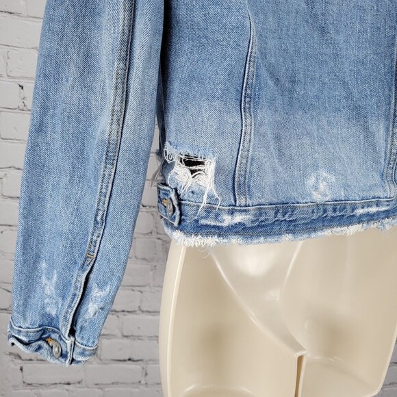 Zara Trafaluc Denimwear Blue Distressed Button Up Jean Denim Jacket Size Small S - Picture 8 of 11